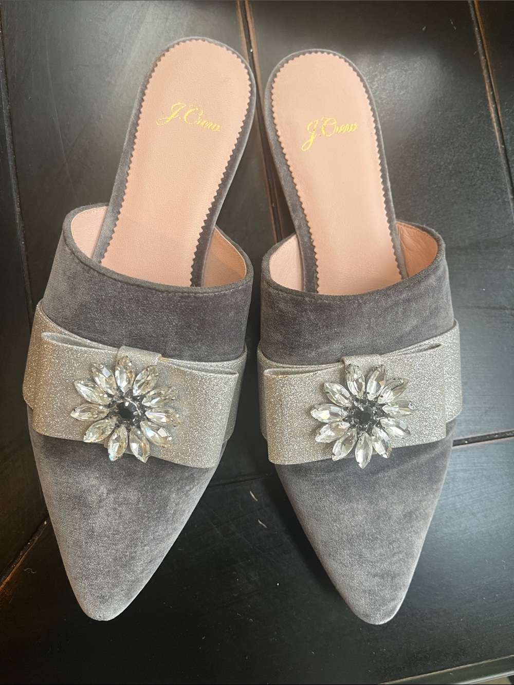 J. Crew Gray Velvet Crystal Flower Accent Flat Mules leather lined